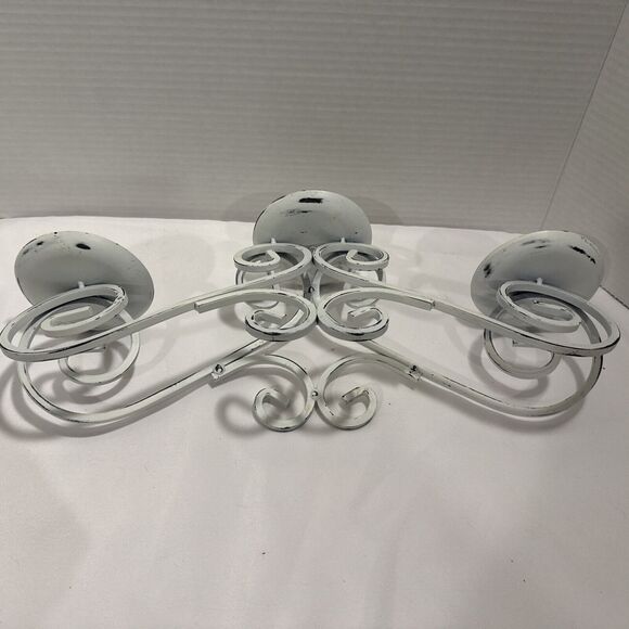 3 Pillar Candle Holder White Distressed Wrought Iron, Shabby Chic French Country - Picture 5 of 9